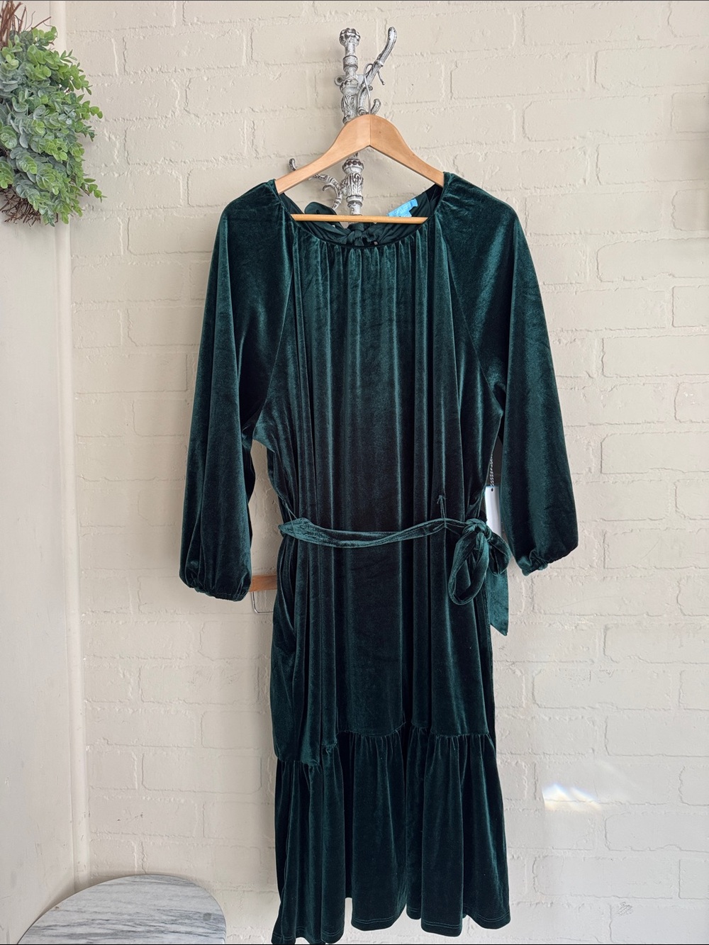 Draper James dress Velvet Long Sleeve Belted Midi Dress in Emerald Green 2x new